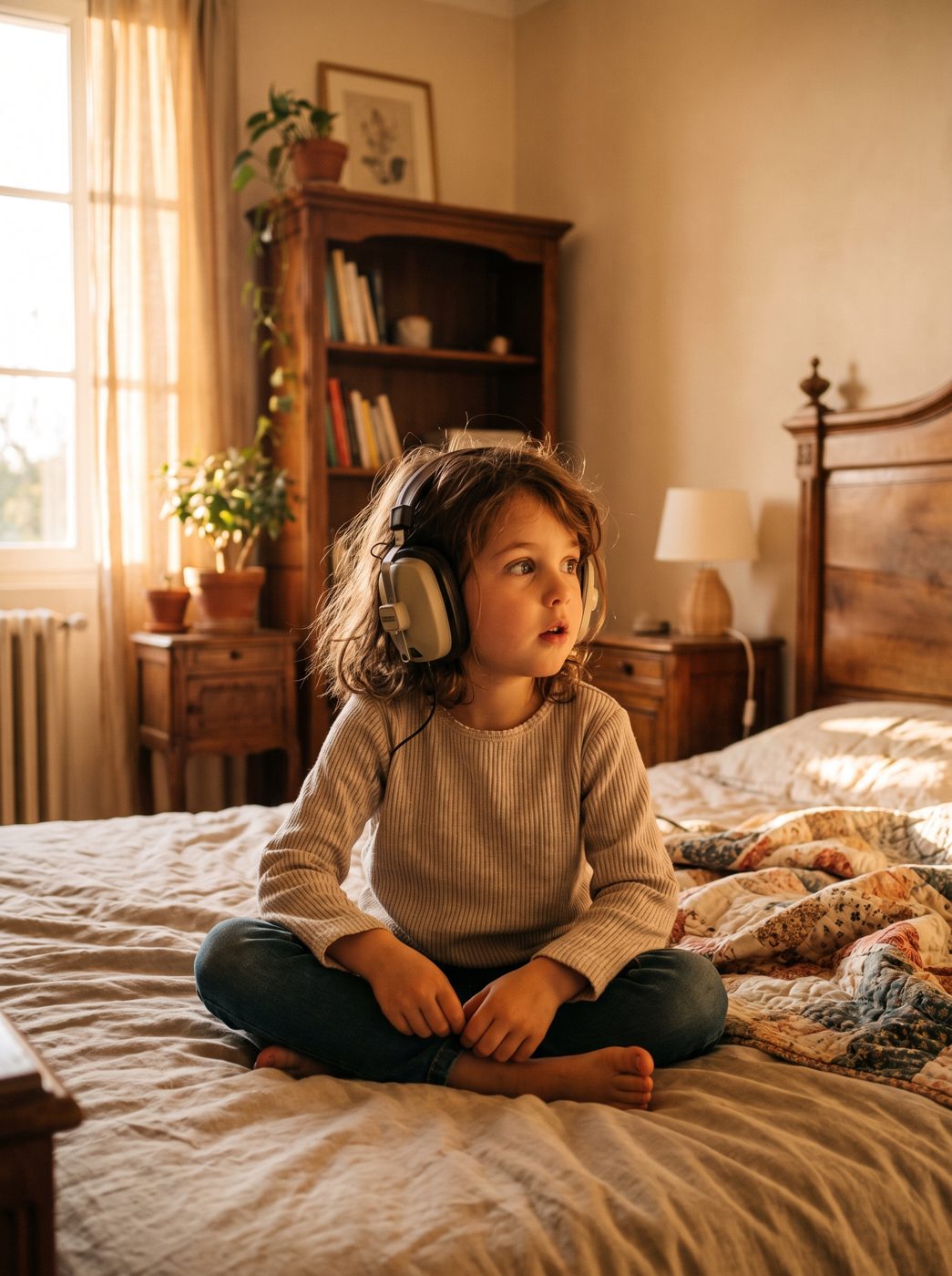 Une petite fille avec un casque audio