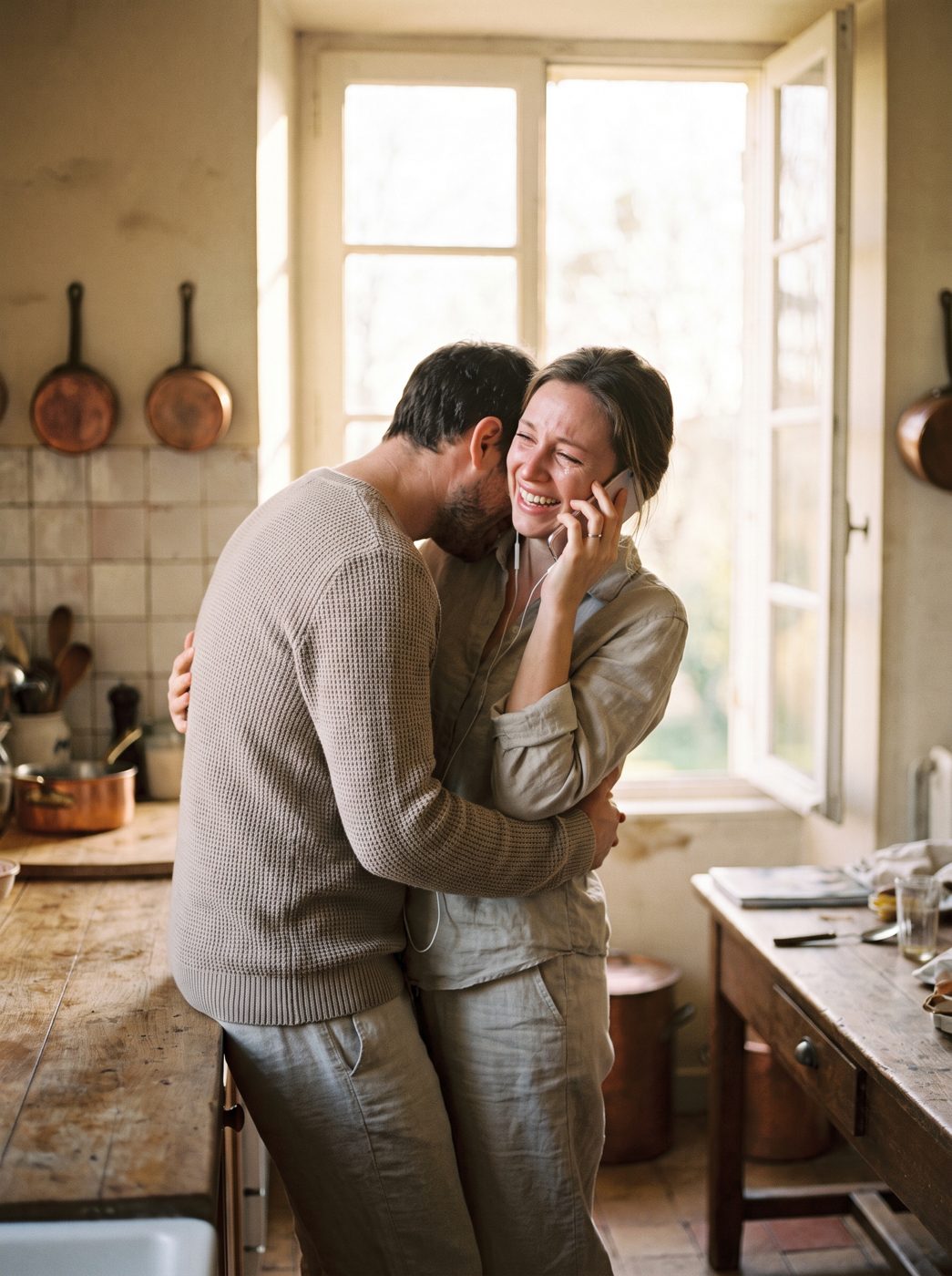 Un couple enlacé dans une cuisine ensoleillée